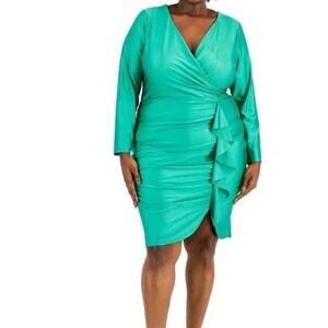 B Darlin Emerald Green L/S Faux Wrap Dress Party Cocktail Sheath Plus 22 Women